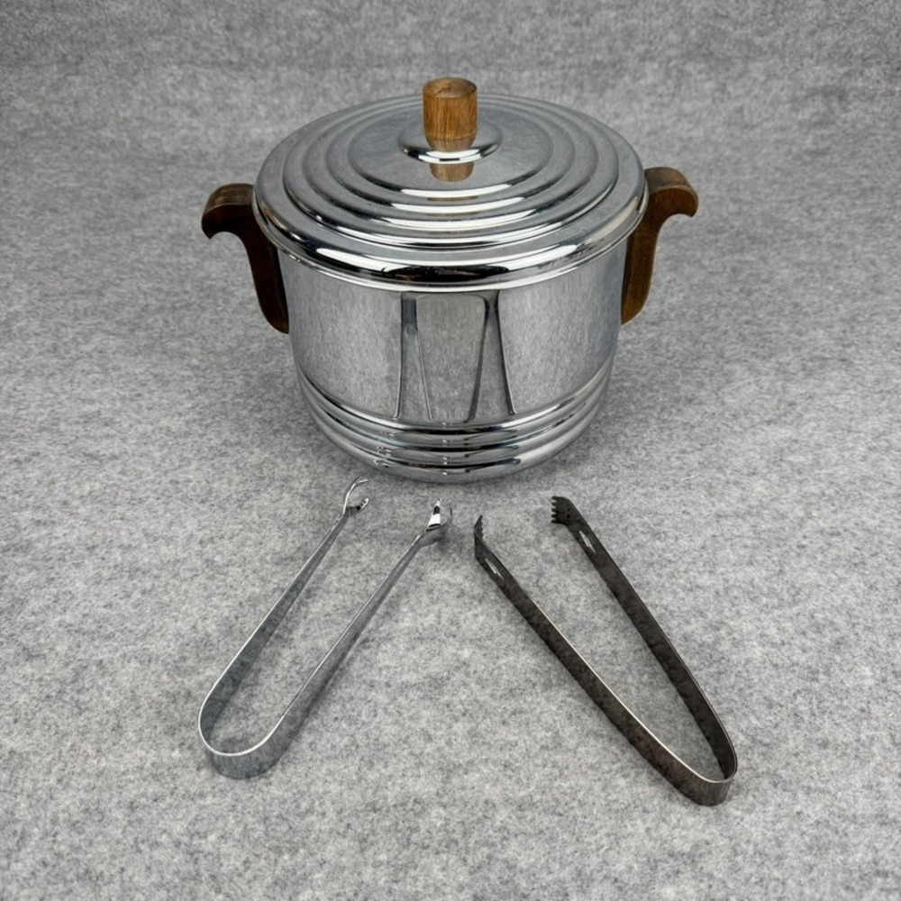 Vintage Keystone Chrome Ice Bucket Wood Handles Lid 2 Tongs Insulated Barware